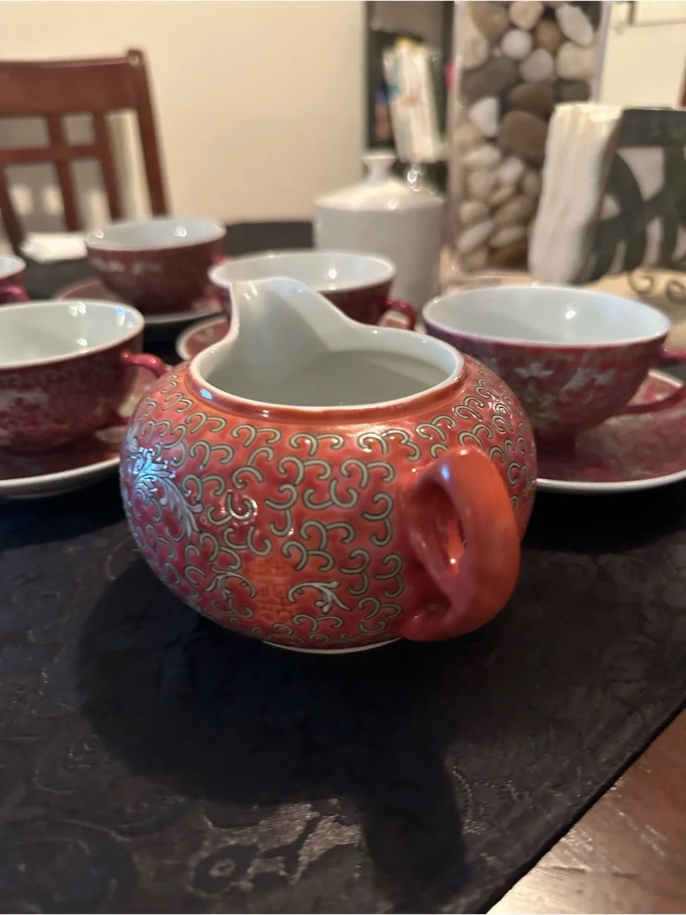 Vintage Famille Rose Mun Shou Porcelain Tea Set of 5 & soup bowl